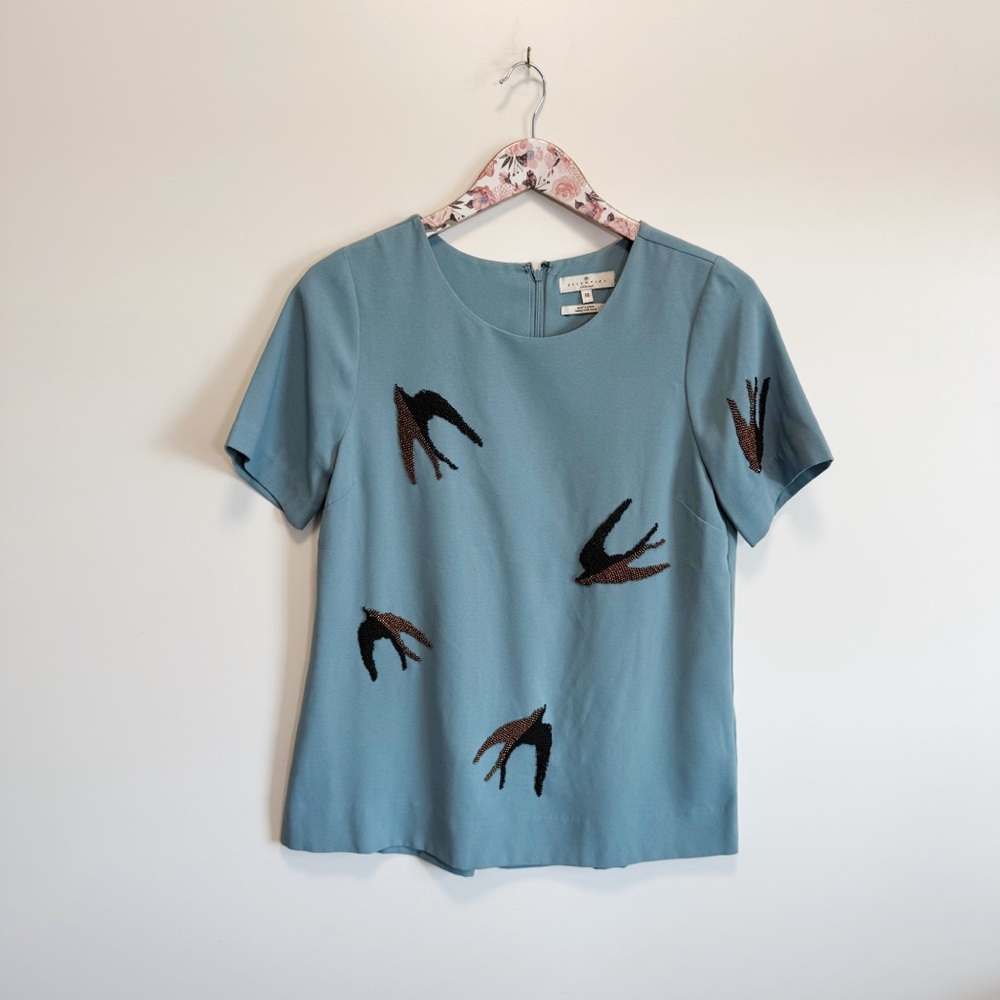 ESSENTIEL ANTWERP Blue Bird Sparrow Beaded Blouse Top Women’s S Small